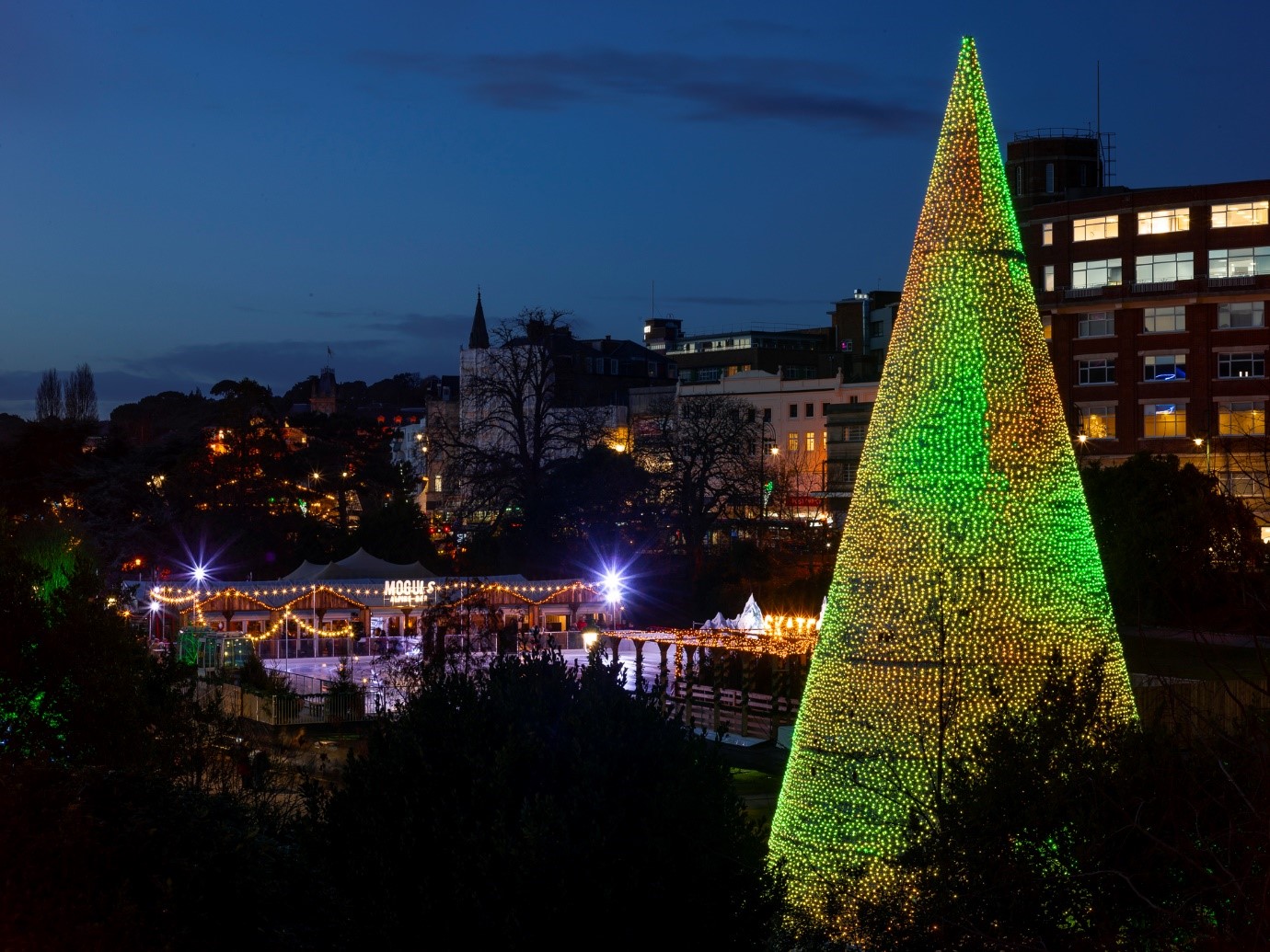 Green lit up Christmas tree in the foreground with the Bournemouth ice skating in the background 